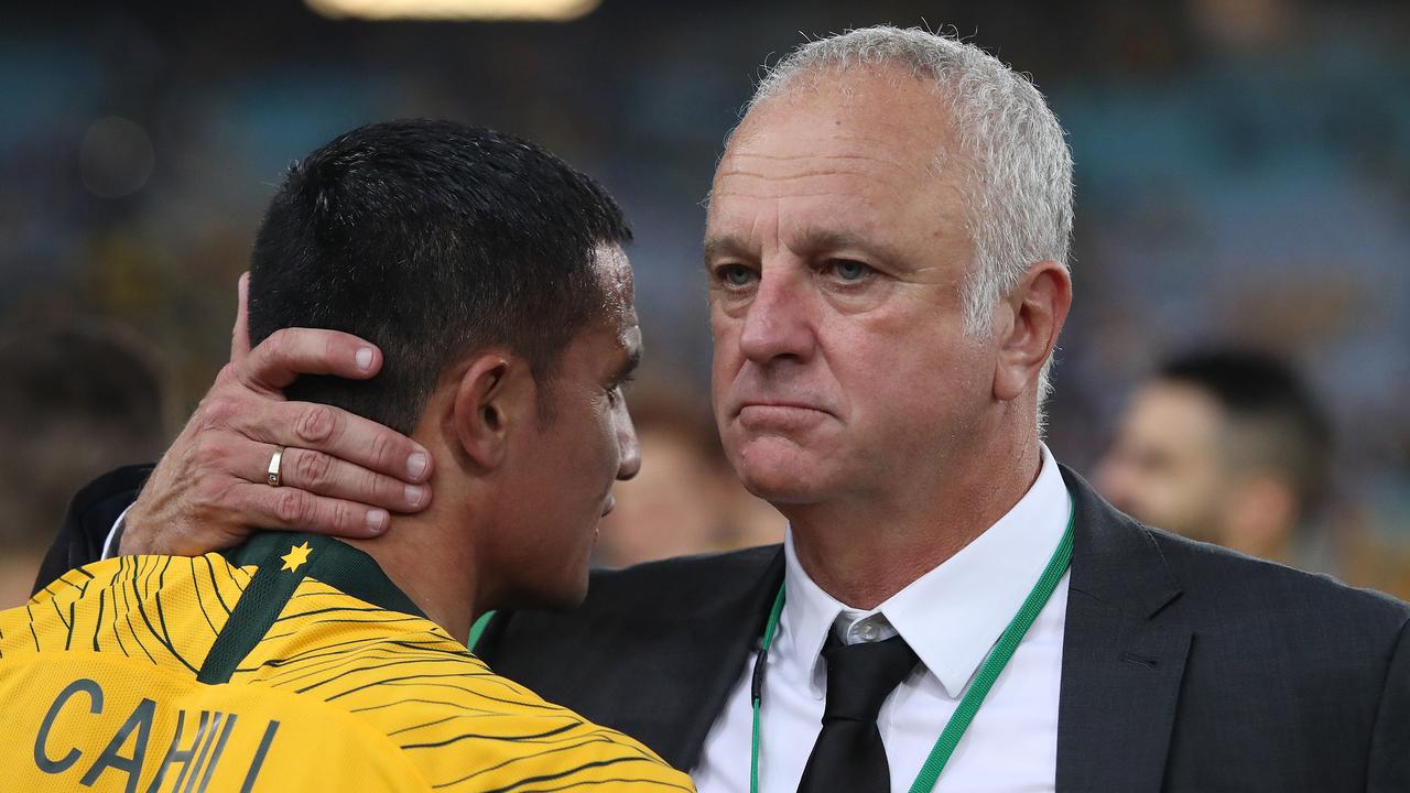 Tim Cahill with Socceroos coach Graham Arnold at his farewell match in 2018.