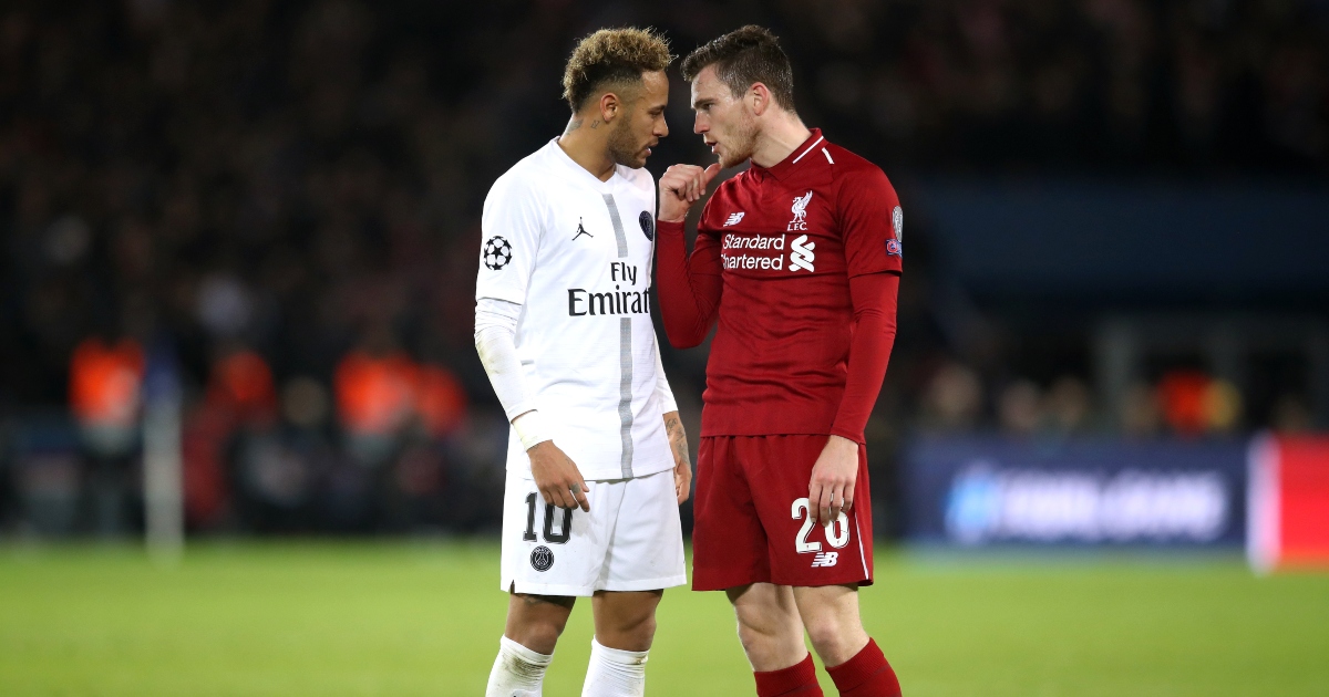 Neymar and Andrew Robertson clash during the UEFA Champions League match between Paris Saint Germain and Liverpool, November 2018.