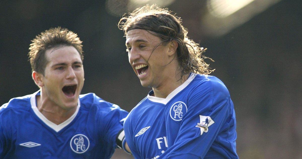 Hernan Crespo celebrates with Frank Lampard during the Premier League match between Arsenal and Chelsea at Highbury, London, October 2003.