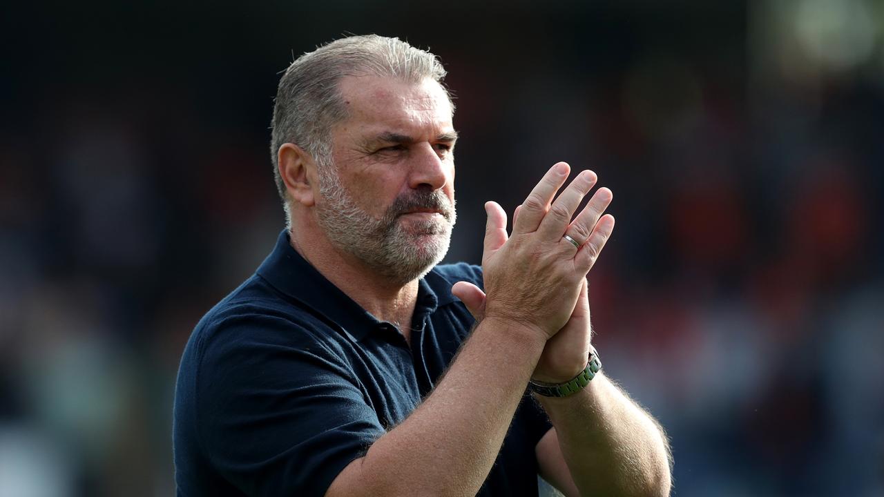 LUTON, ENGLAND - OCTOBER 07: Ange Postecoglou, Manager of Tottenham Hotspur, applauds the fans following the team's victory during the Premier League match between Luton Town and Tottenham Hotspur at Kenilworth Road on October 07, 2023 in Luton, England. (Photo by Henry Browne/Getty Images)