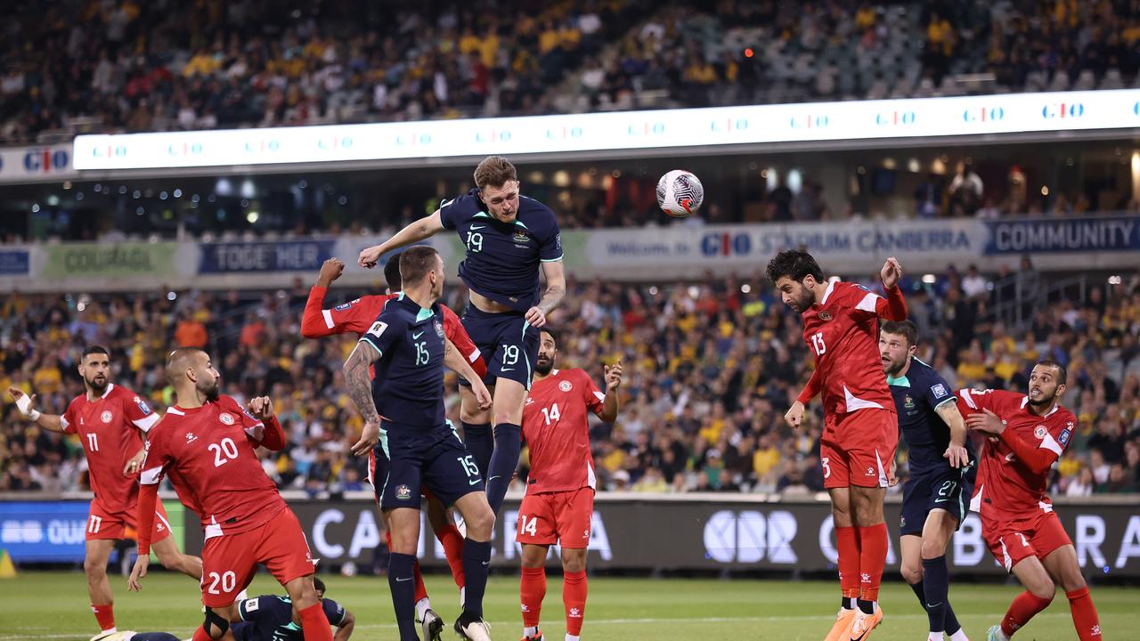 CANBERRA, AUSTRALIA – MARCH 26: Harry Souttar of Australia attempts a header during the FIFA World Cup 2026 Qualifier match between Australia Socceroos and Lebanon at GIO Stadium on March 26, 2024 in Canberra, Australia. (Photo by Cameron Spencer/Getty Images)