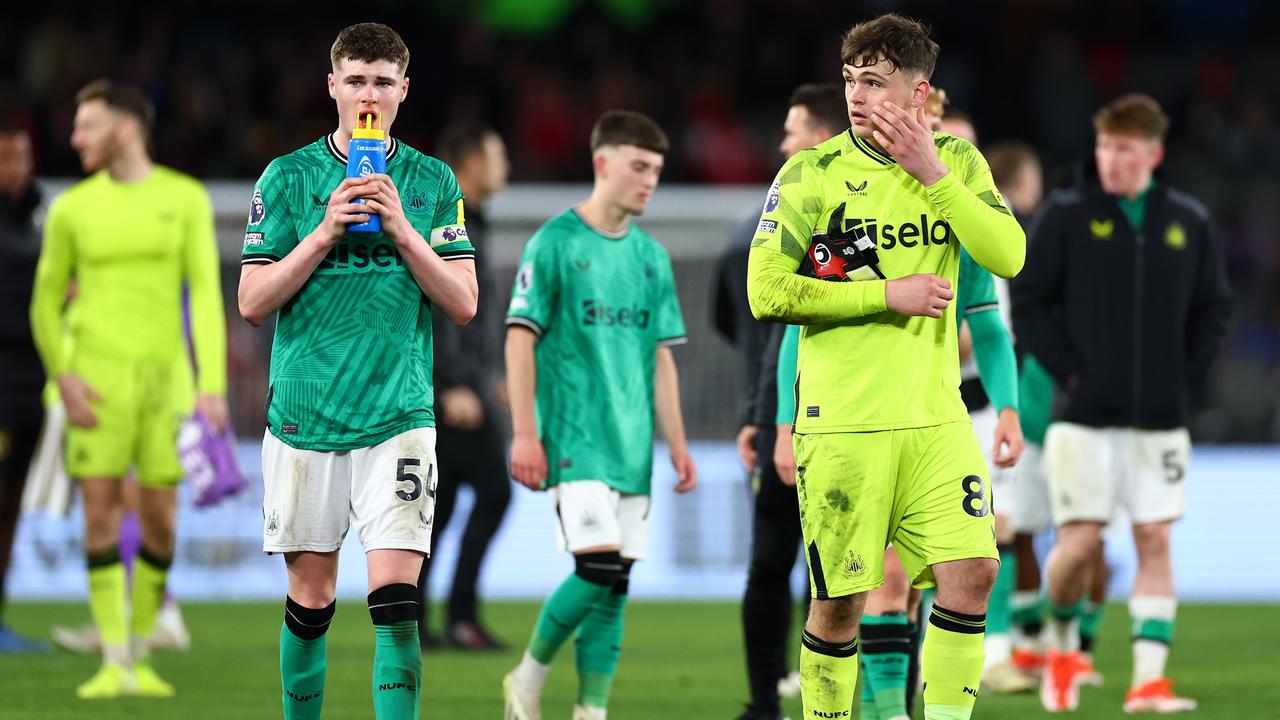 MELBOURNE, AUSTRALIA - MAY 24: Alex Murphy of Newcastle United and Aidan Harris of Newcastle United look on following the the exhibition match between A-League All Stars Men and Newcastle United FC at Marvel Stadium on May 24, 2024 in Melbourne, Australia. (Photo by Quinn Rooney/Getty Images)