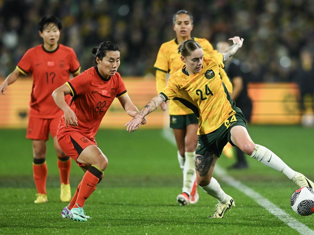 Sharn Freier (right) scored Australia’s only goal in the Matildas’ 2-1 loss to Canada. Picture: Mark Brake/Getty Images